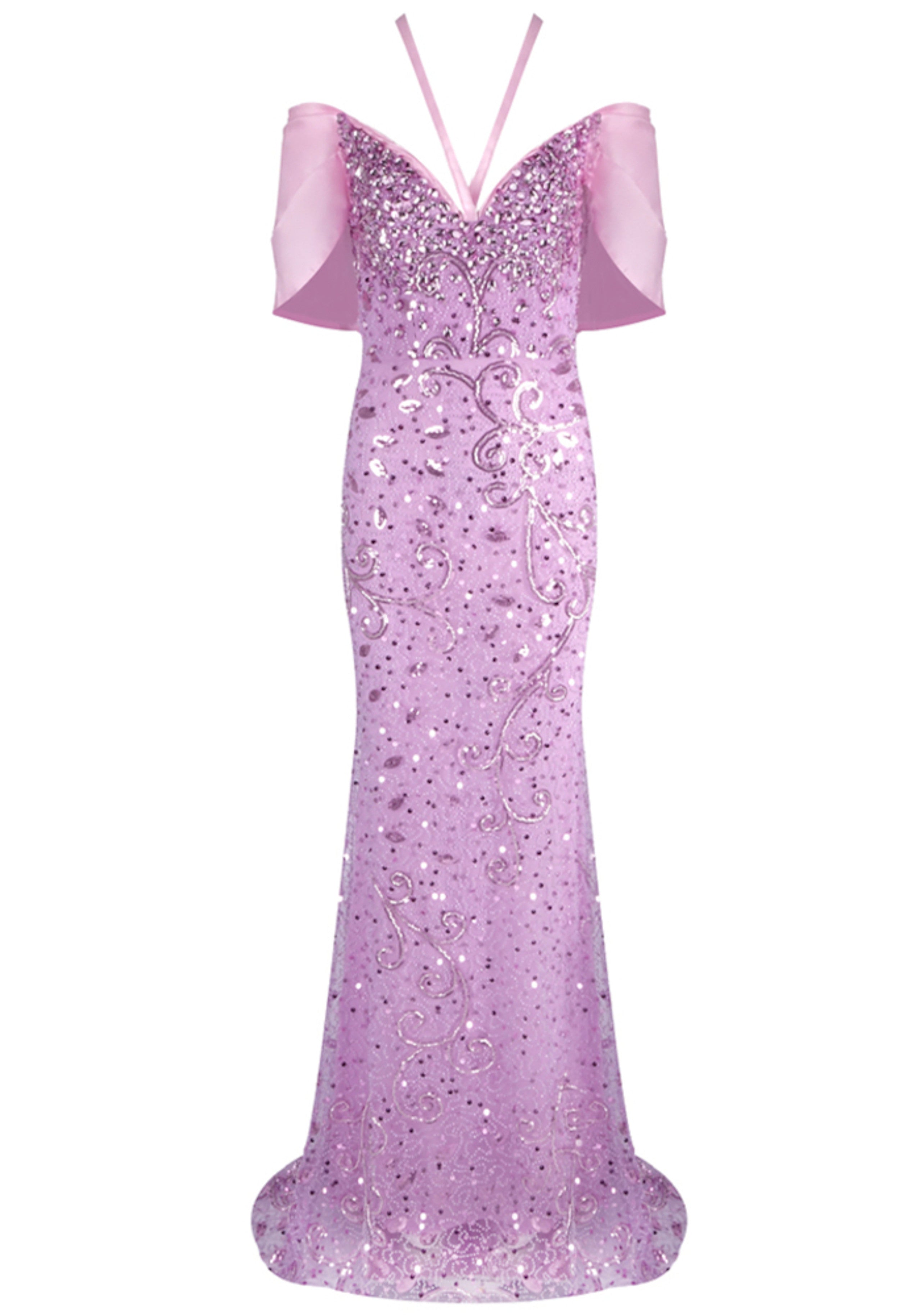 Jasani Halter Bardot Crystal Sequin Maxi Dress In Pink