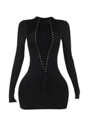 Cherine Long Sleeve Lace Up Cutout Mini Dress In Black