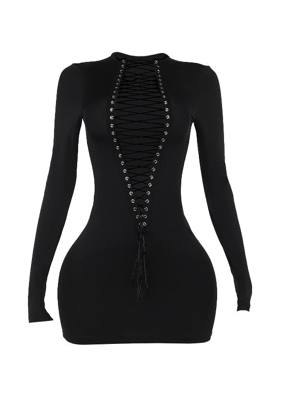 Cherine Long Sleeve Lace Up Cutout Mini Dress In Black