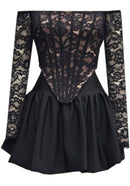 Najila Long Sleeve Bardot Lace Corset Two Piece Dress In Black