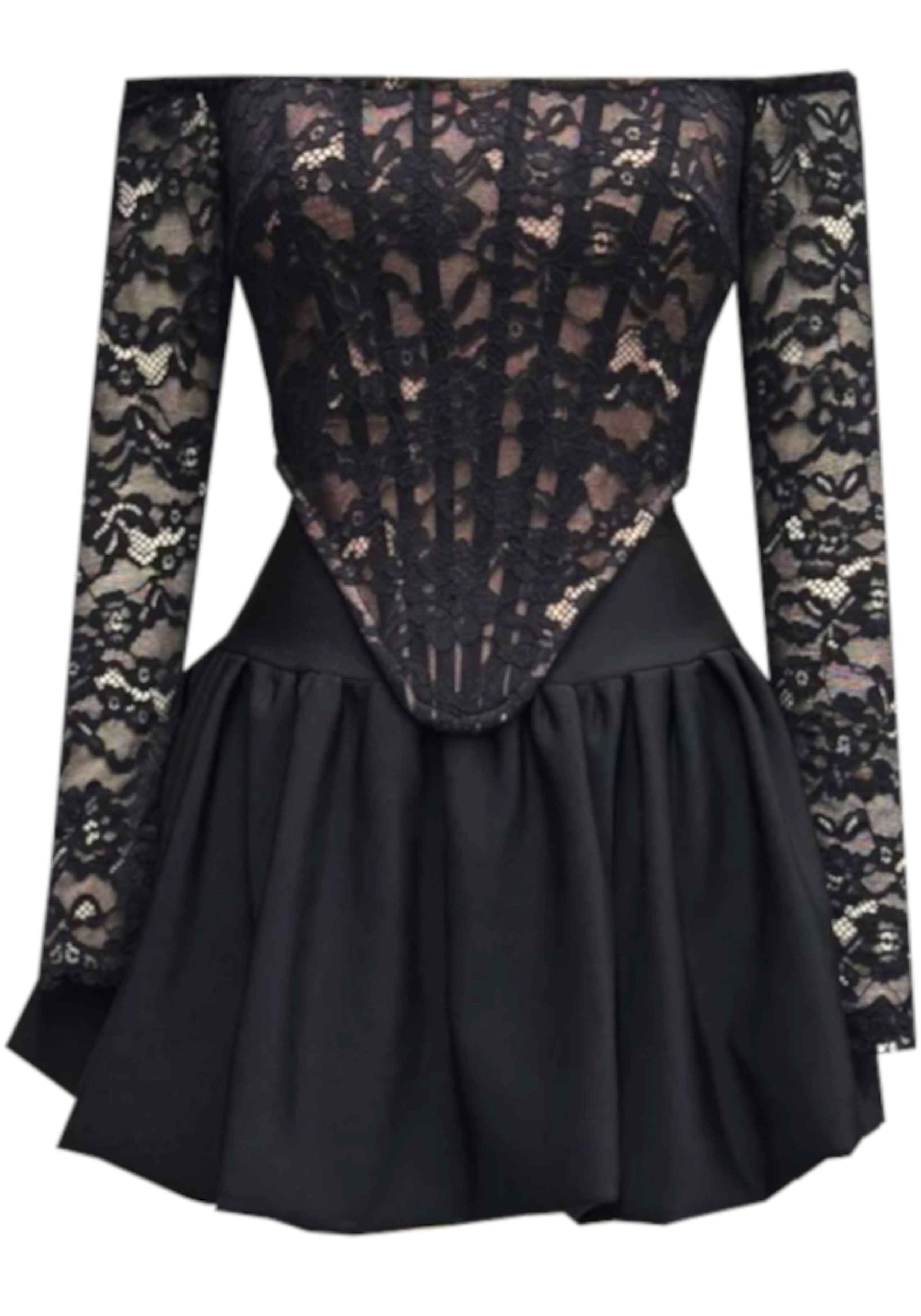 Najila Long Sleeve Bardot Lace Corset Two Piece Dress In Black