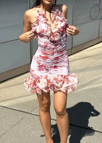 Jaldor Halter Floral Ruched Ruffle Dress In Pink