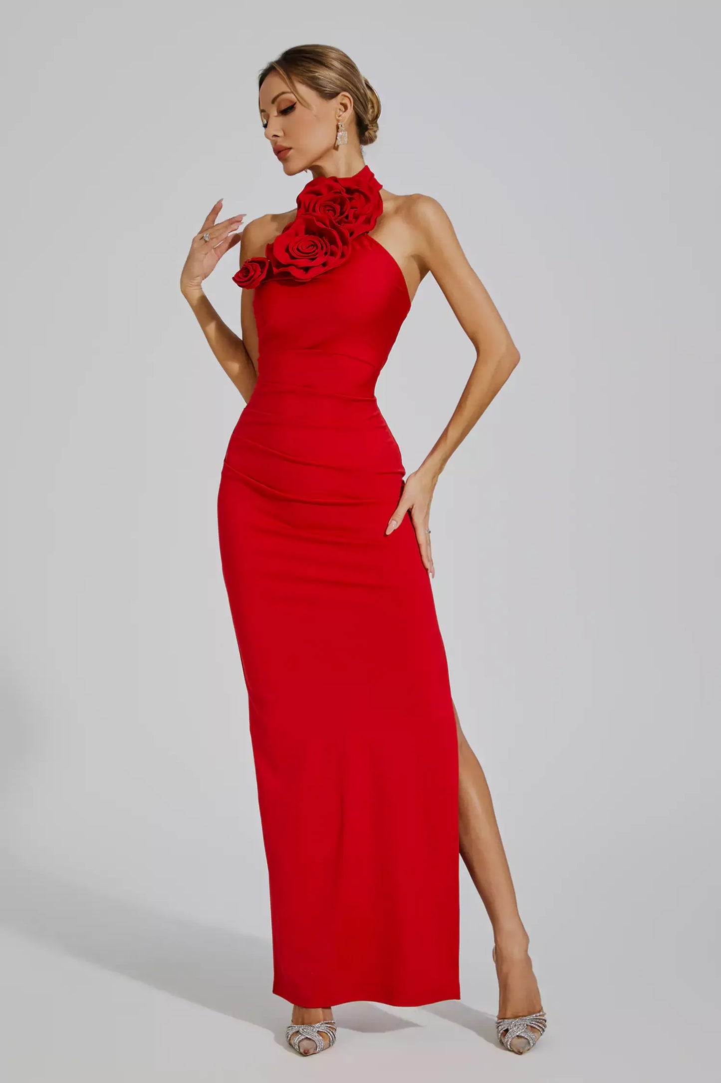 Dalary Red Floral Ruched Halter Maxi Dress