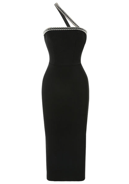 Jyler One Shoulder Crystal Trim Midi Dress In Black