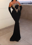 Roswitha Strapless Gold Applique Maxi Velvet Dress In Black