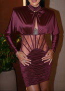 Geotra Long Sleeve Lace Corset Mini Dress In Burgundy