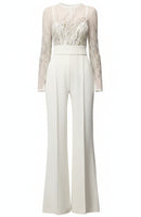 Galvon Long Sleeve Sequin Mesh Jumpsuit In White
