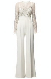 Galvon Long Sleeve Sequin Mesh Jumpsuit In White