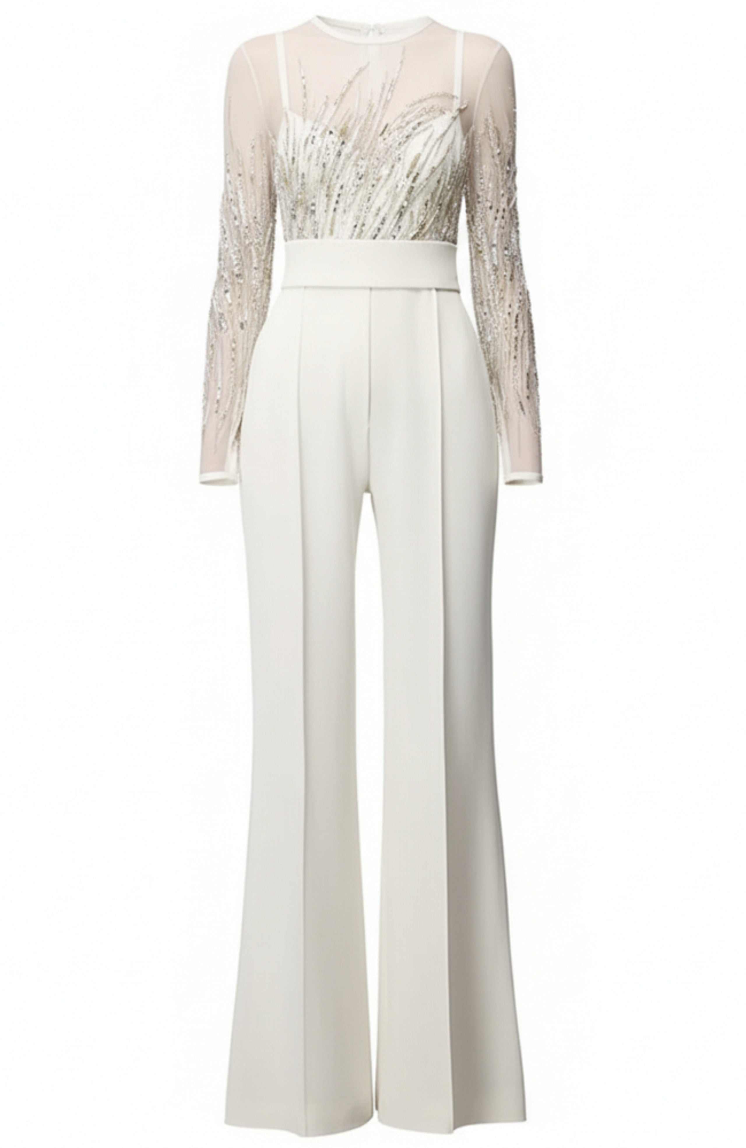 Galvon Long Sleeve Sequin Mesh Jumpsuit In White