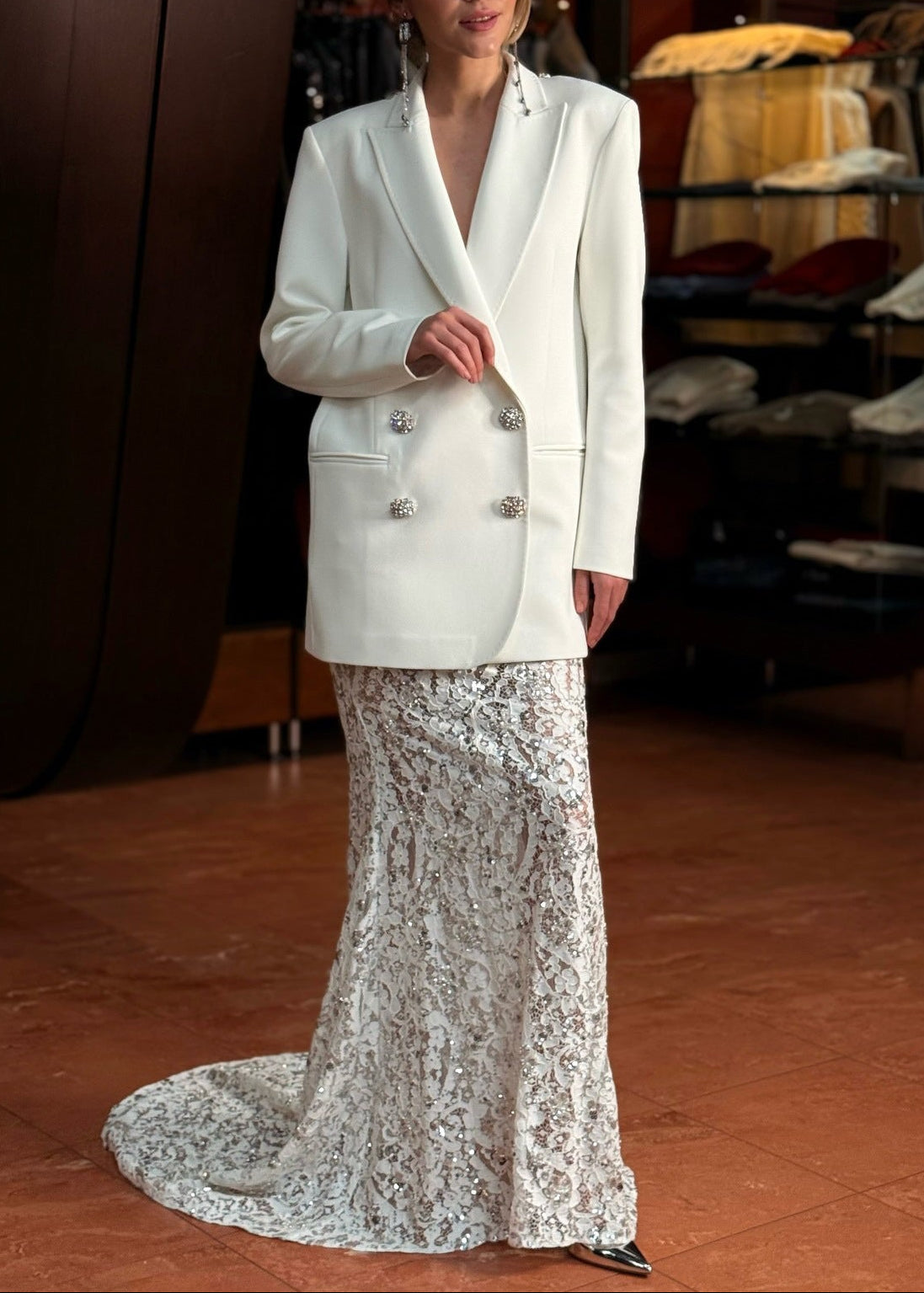 Nedelya Crystal-Embellished Backless Suit Blazer And Maxi Skirt Set