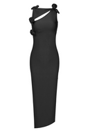 Brendy Ruched Bow Floral Maxi Dress In Black