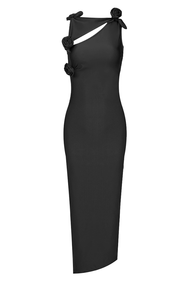 Brendy Ruched Bow Floral Maxi Dress In Black