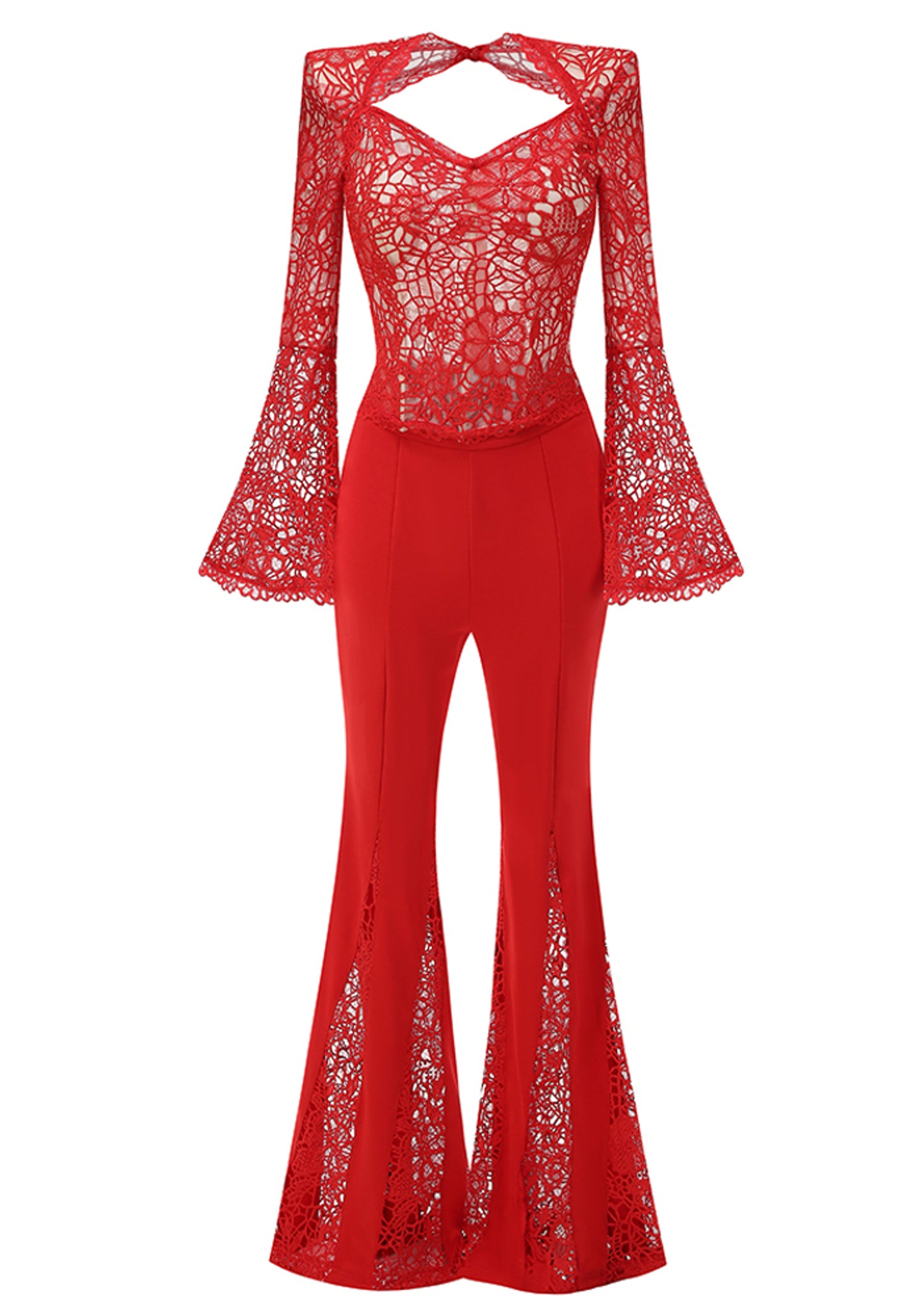 Jester Long Sleeve Crochet Two Piece Jumpsuit In Red