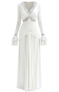 Grabrol Long Sleeve Lace Draped Maxi Dress In White