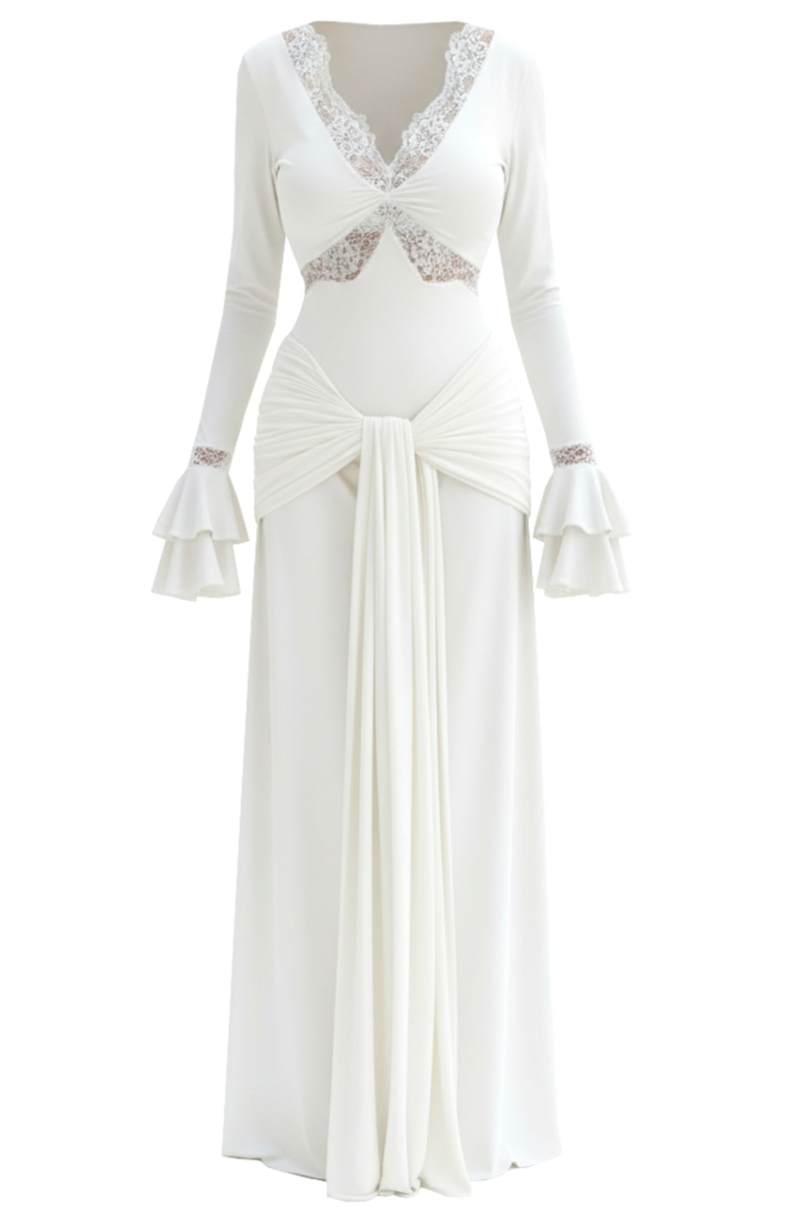 Grabrol Long Sleeve Lace Draped Maxi Dress In White