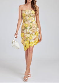 Paprika Strapless Embroidered Flower Mini Dress