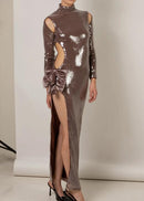 Kalindi Bow Detail Sequin Maxi Dress In Brown