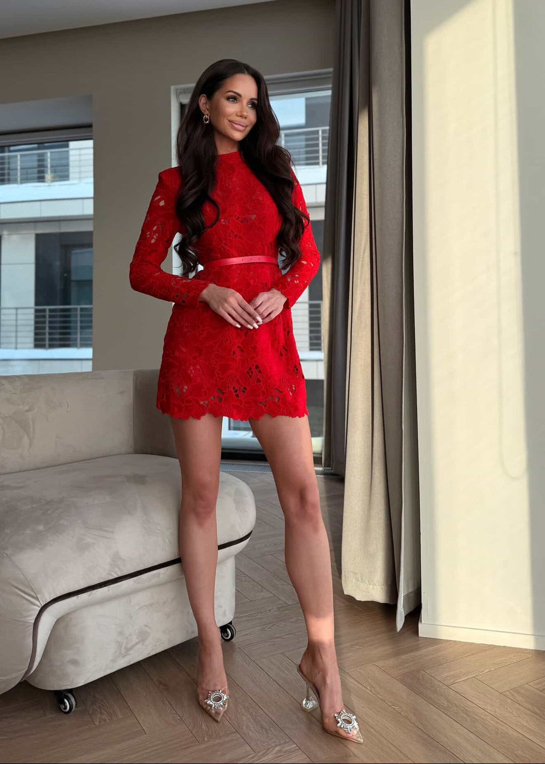 Geyera Long Sleeve Crochet Mini Dress In Red