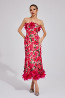 Chasity 3D Flower Embroidery Strapless Midi Dress In Rose Red