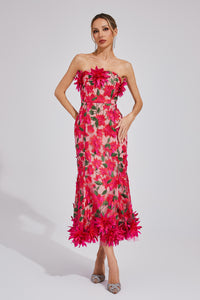 Chasity 3D Flower Embroidery Strapless Midi Dress In Rose Red