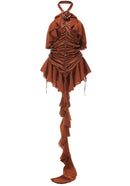 Gaelara Halter Floral Ruffle Ruched Dress In Brown