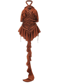 Gaelara Halter Floral Ruffle Ruched Dress In Brown