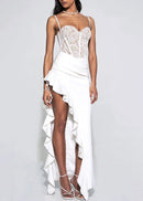 Sherise Lace Asymmetric Ruffle Midi Dress