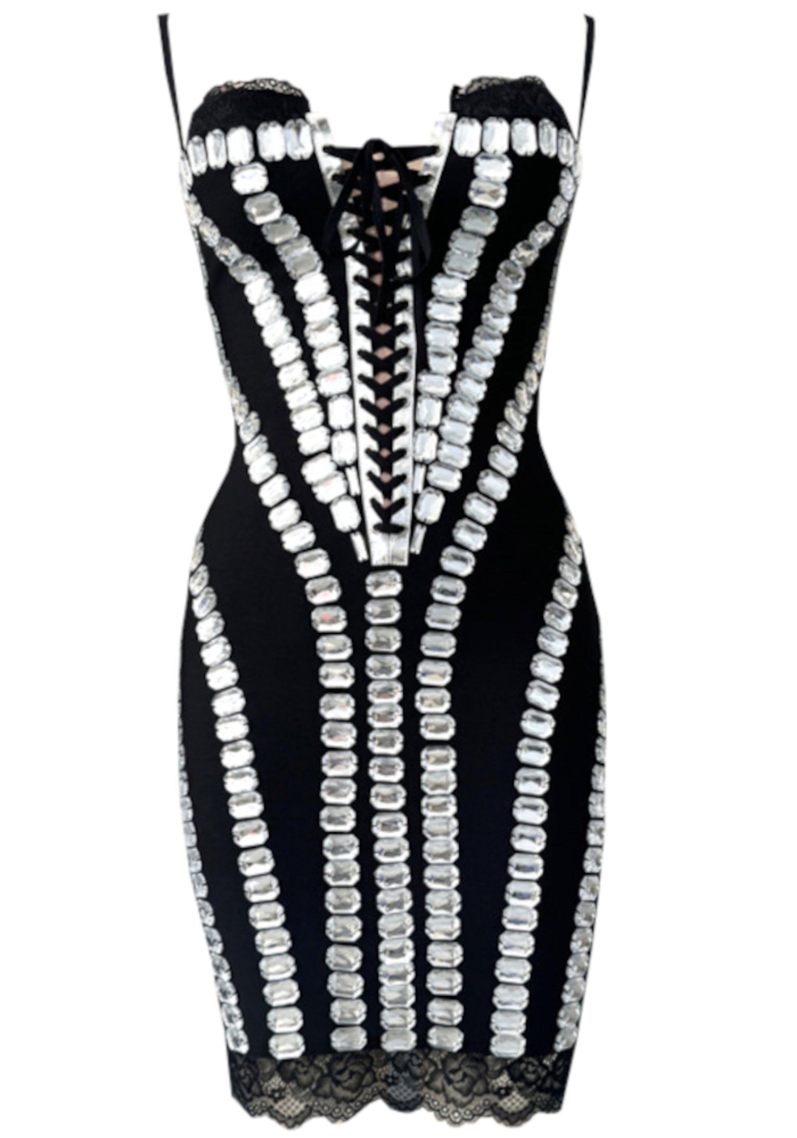 Myxal Crystal Lace Up Corset Mini Dress In Black