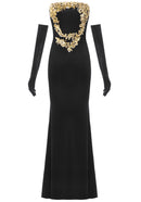Roswitha Strapless Gold Applique Maxi Velvet Dress In Black