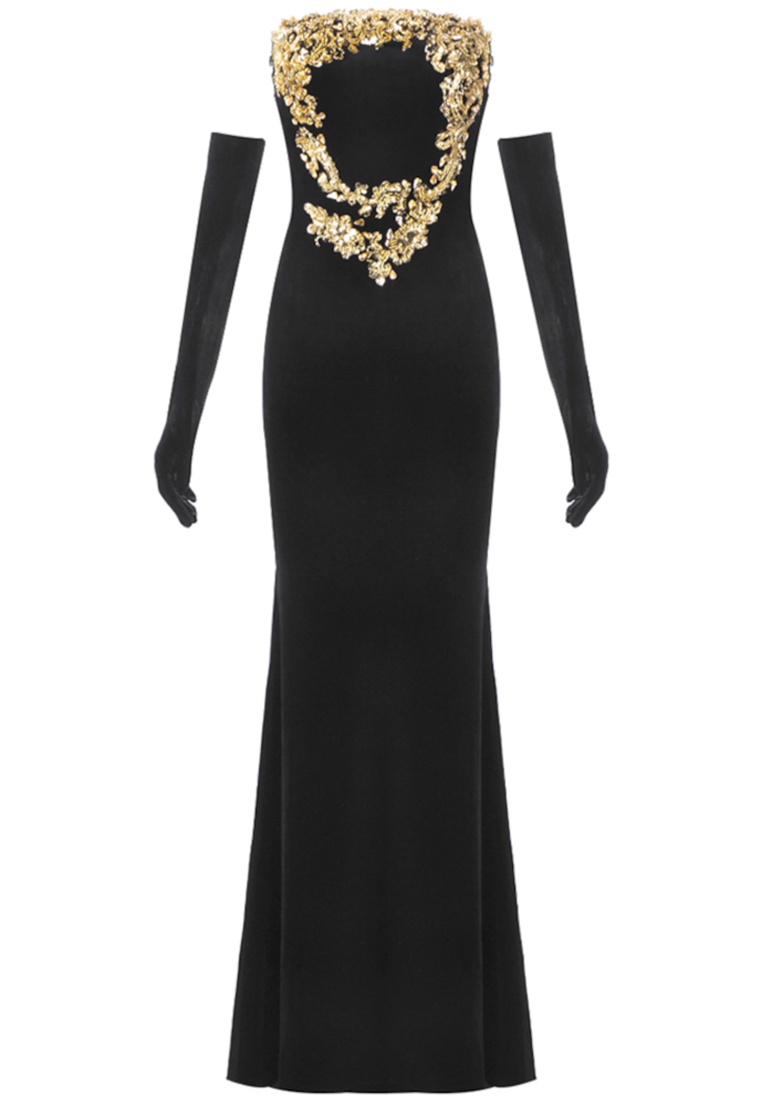 Roswitha Strapless Gold Applique Maxi Velvet Dress In Black