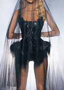 Colter Strapless Sequin Feather Bodysuit In Black