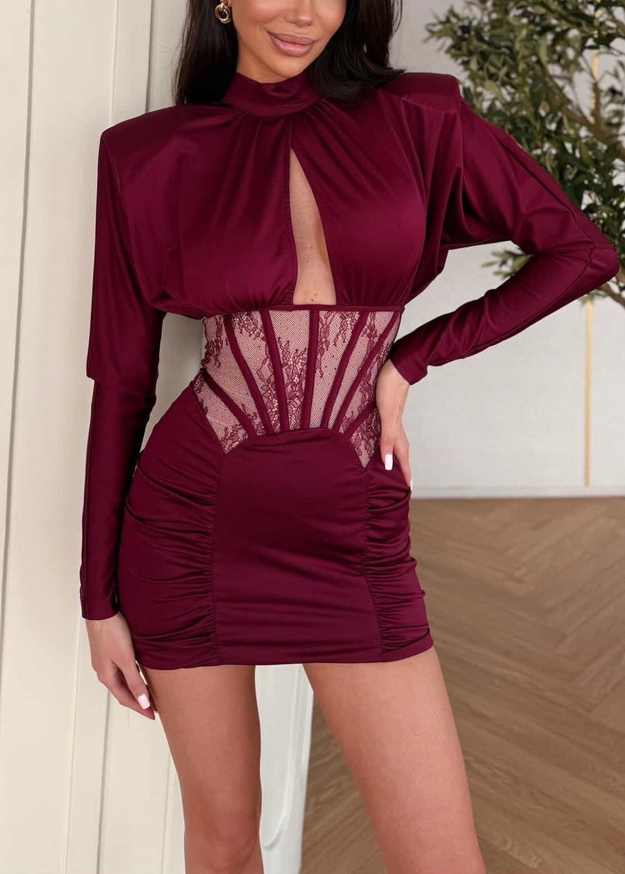 Geotra Long Sleeve Lace Corset Mini Dress In Burgundy – Night Novas