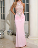 Kyxara Halter Floral Sequin Embroidered Maxi Dress In Pink