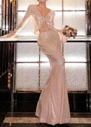 Damla Long Sleeve Sequin Two Piece Maxi Dress In Ivory