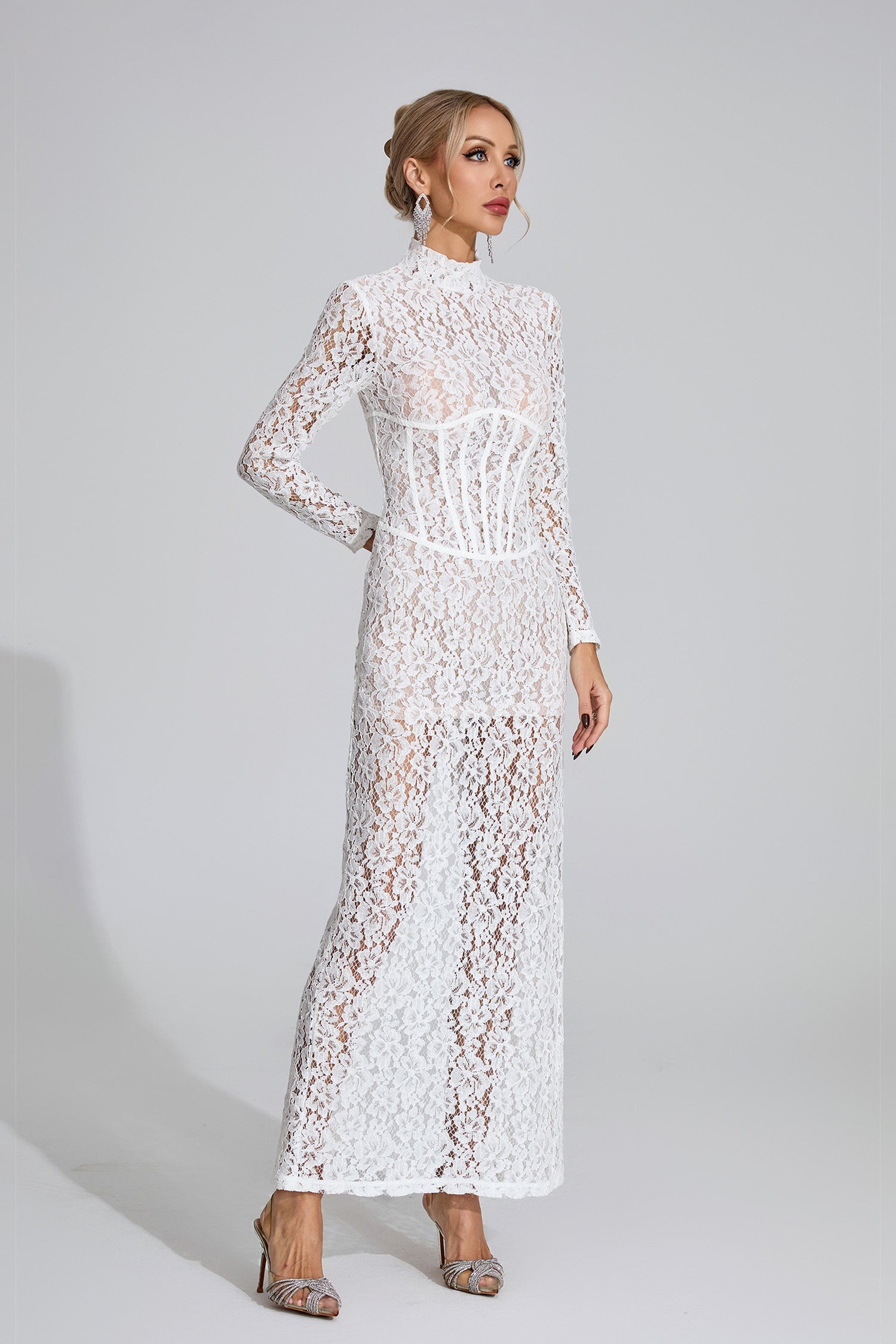 Heyren Long Sleeve Structured Lace Maxi Dress In White