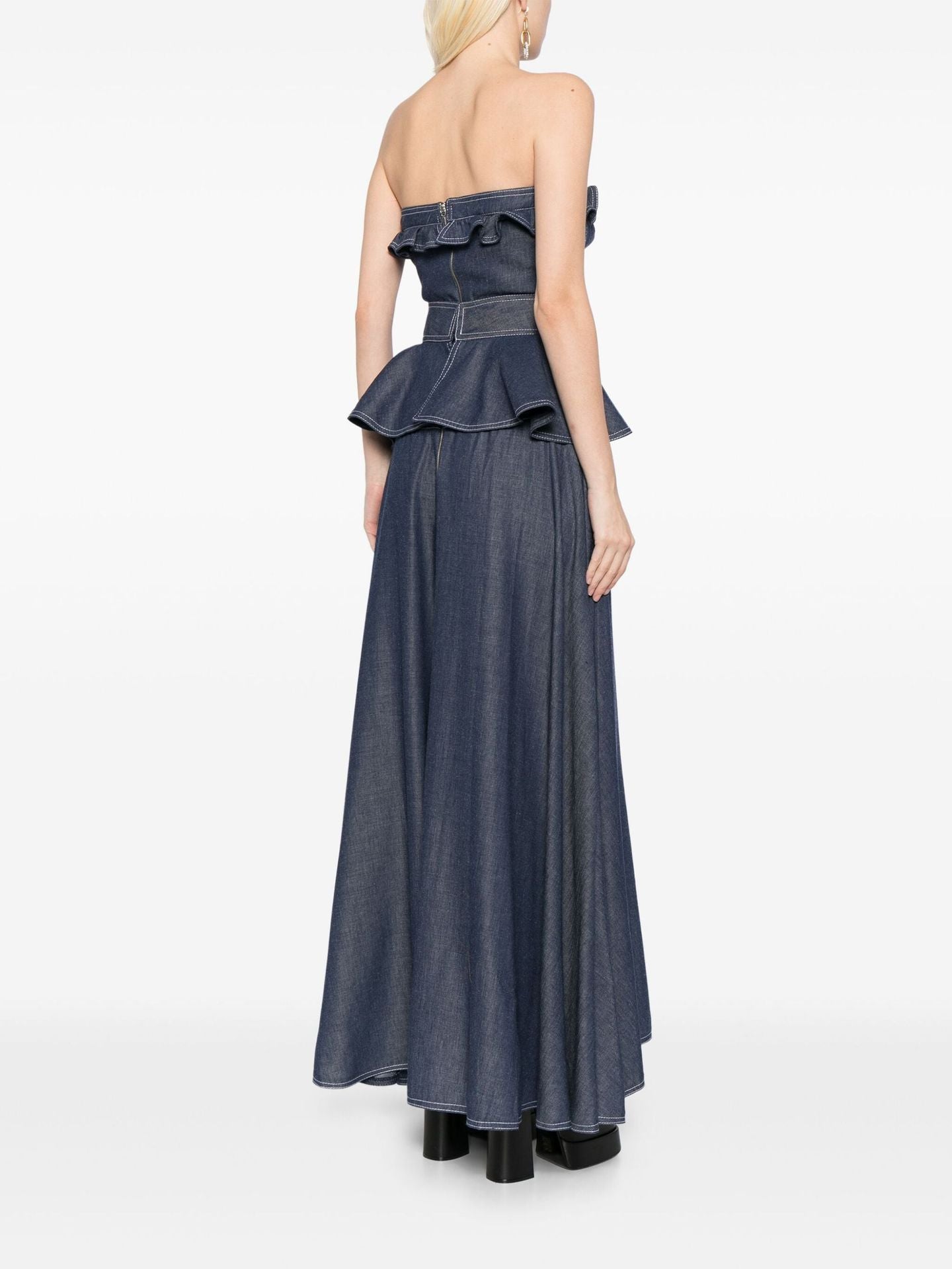 Emilio Peplum-Waist Denim Jumpsuit In Navy Blue