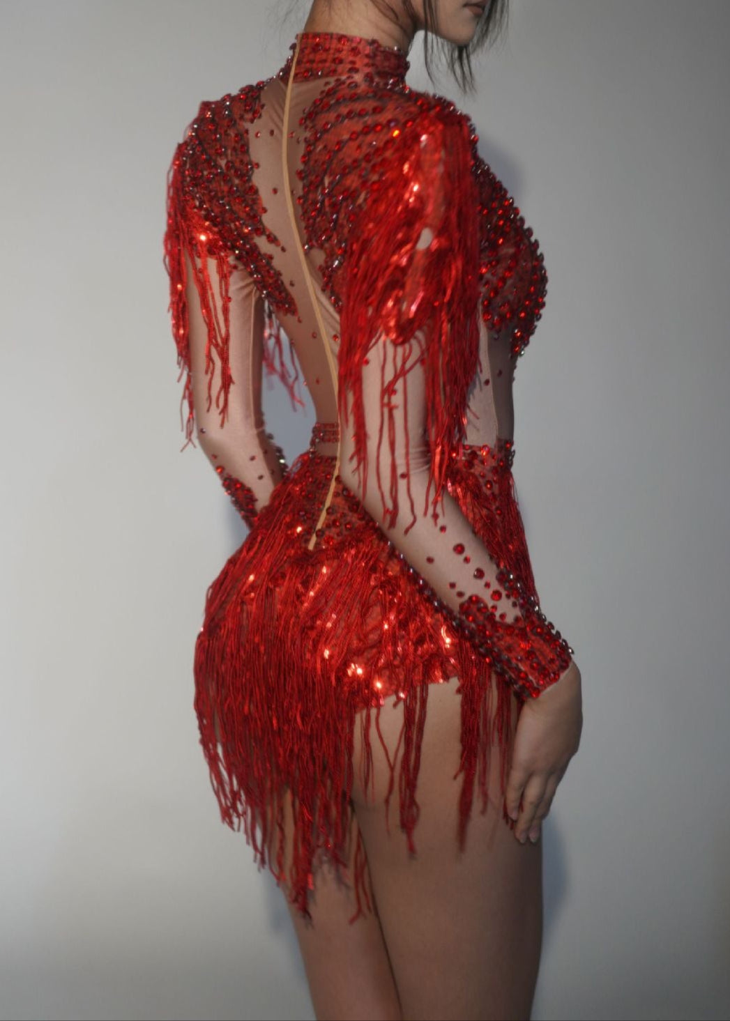 Paniz Rhinestone Fringe Bodysuit In Silver