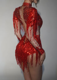 Paniz Rhinestone Fringe Bodysuit In Silver