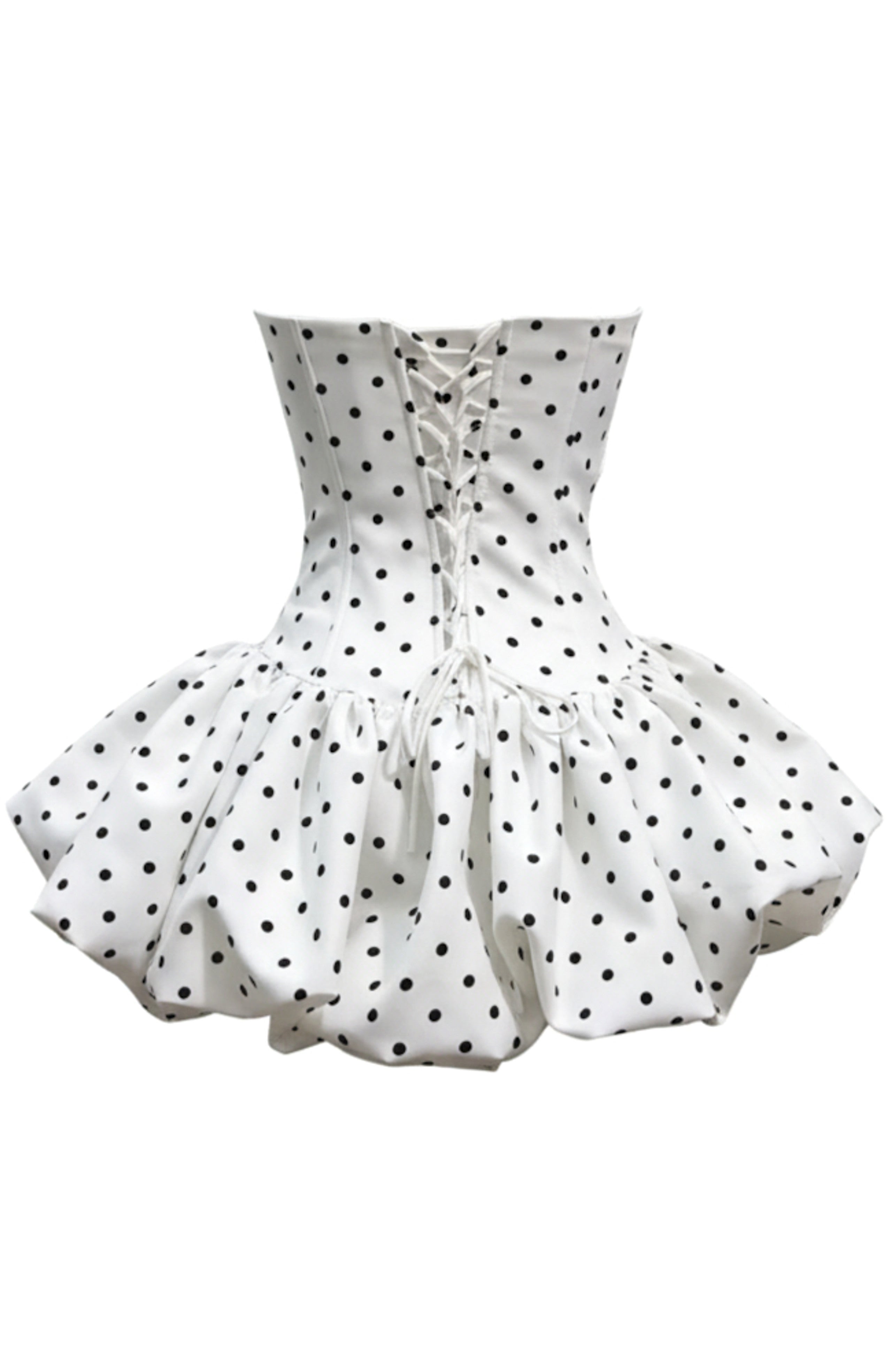 Ahanu Polka Dot Strapless Floral Corset Puff Mini Dress In White