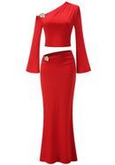 Janine Long Sleeve Bardot Two Piece Maxi Dress In Red