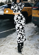Akim Long Sleeve Floral Two Piece Midi Dress In Black White