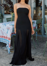 Leaundra Strapless Mesh Insert A Line Maxi Dress In Black