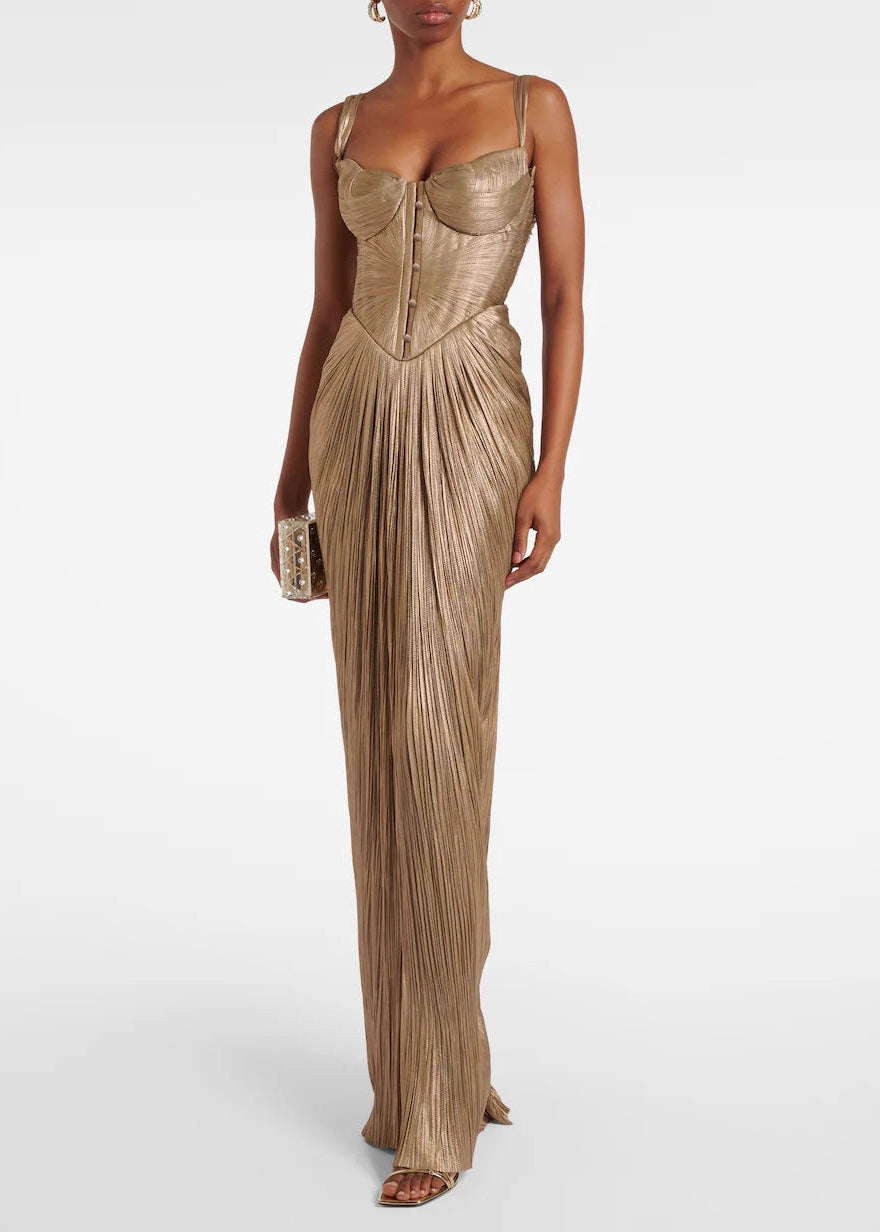 Katherine Gold Glossy Pleated Corset Maxi Dress