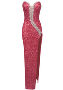 Azhor Strapless Crystal Sequin Maxi Dress In Watermelon