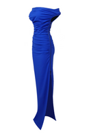 Cupid Slash Neck Pleated Maxi Dress In Blue