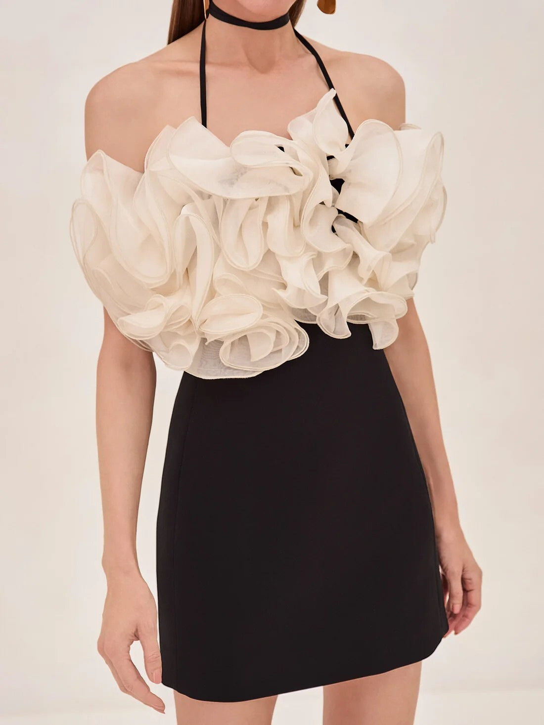 Basye Halter Ruffle Mini Dress Black In Ivory