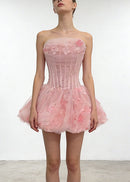 Alviva Strapless Floral Corset Bubble Mini Dress In Pink