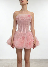 Alviva Strapless Floral Corset Bubble Mini Dress In Pink