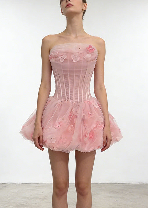 Alviva Strapless Floral Corset Bubble Mini Dress In Pink