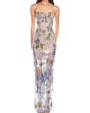 Yvoryth Strapless Sequin Embroidered Floral Maxi Dress In Blue